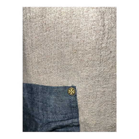 Tory Burch Jonisse tan/blue linen blend tunic top with pockets - Picture 6 of 11
